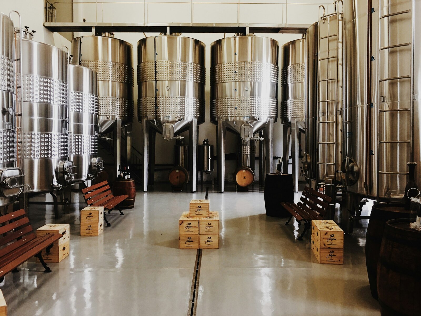 Stainless steel tanks in the brewhouse